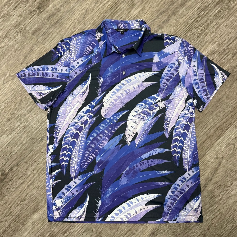 Acegolfs Purple Blue Feather Print Golf Polo Shirt Womens XL Short Sleeve